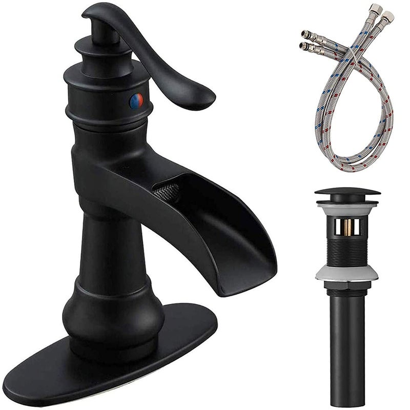 BATHFINESSE Black Bathroom Faucet Sink Waterfall Bath Faucets Single Handle Single Hole Deck Mounted Farmhouse Antique Commercial Matching Pop up Drain Stopper for Sink Supply Lines Hose by Bathfinesse - Image 1